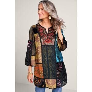 Soft Surroundings Adassa Burnout Velvet Tunic Mini Dress Patchwork Sequin Boho
